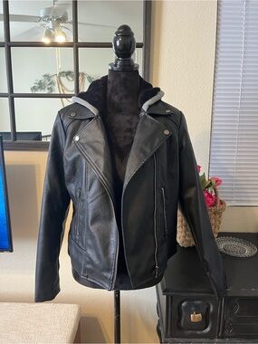 Women’s Black Faux Leather Hooded Biker Jacket
